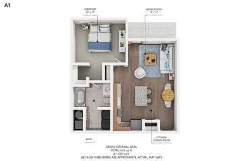 Floor plan for 1 bed, 1 bath, 626 sqft